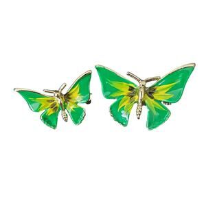Vintage Small Enamel Green & Yellow Butterfly Brooch Pin Lot of Two Collectible